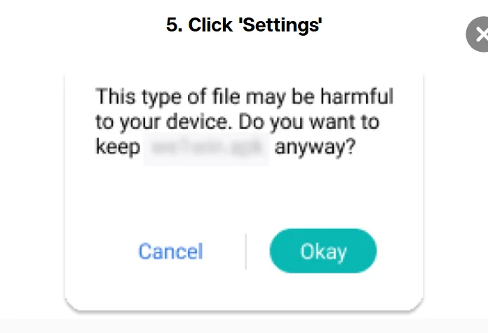 Settings prompt shown before installing the We1Win APK