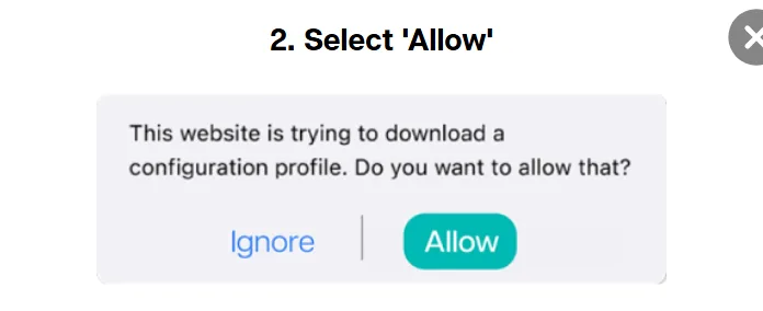 Safari prompt allowing the We1Win configuration profile download