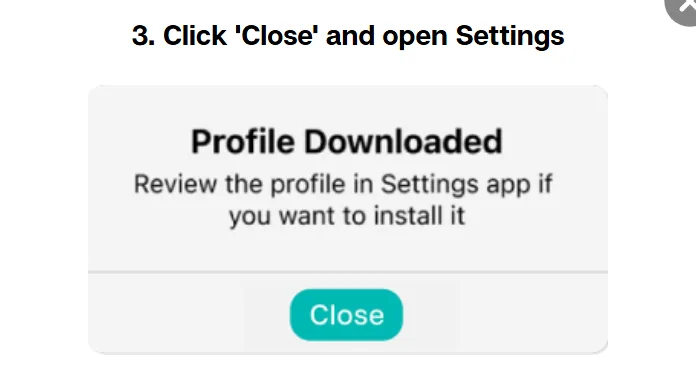 Closing the prompt and opening Settings to install We1Win on iPhone