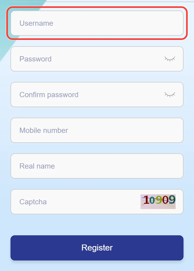 Username field in the We1Win registration form