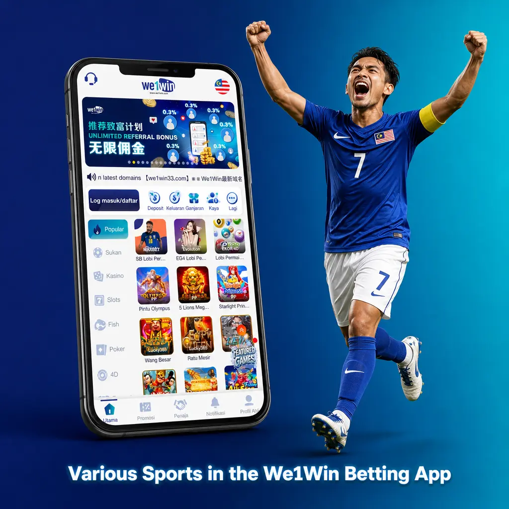 We1Win betting app screen showing football, basketball, tennis, esports, and other sports with live streaming and odds