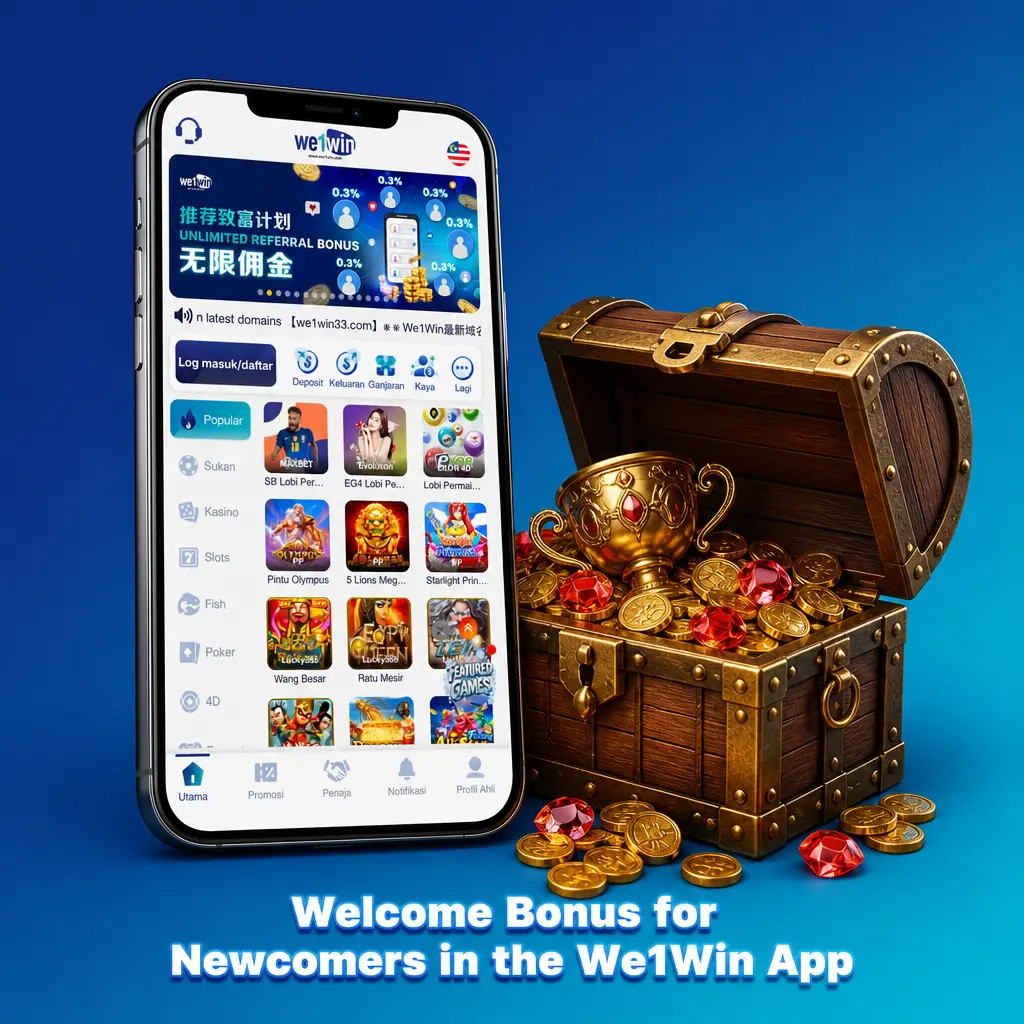 We1Win app welcome bonus screen showing Sports and Casino package options for new users to claim at signup